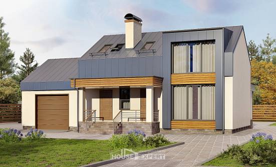 150-015-П Проект двухэтажного дома с мансардой и гаражом, небольшой загородный дом из газосиликатных блоков Шумиха | Проекты домов от House Expert