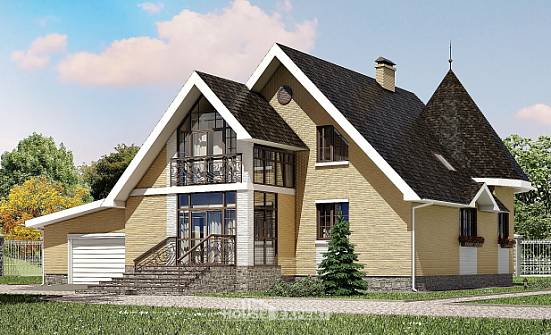 250-001-Л Проект двухэтажного дома мансардой и гаражом, классический дом из бризолита Далматово | Проекты домов от House Expert