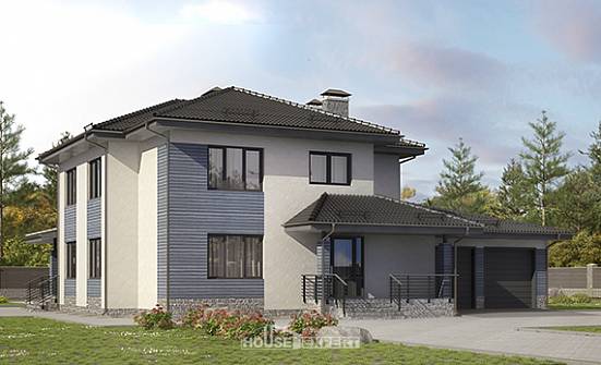 340-005-П Проект двухэтажного дома и гаражом, просторный коттедж из газобетона Шумиха | Проекты домов от House Expert