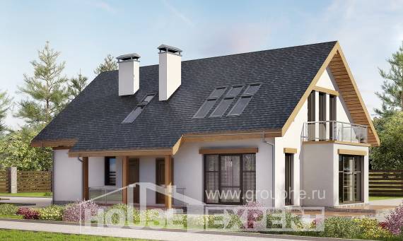 185-005-П Проект двухэтажного дома с мансардным этажом и гаражом, уютный загородный дом из пеноблока Шумиха, House Expert